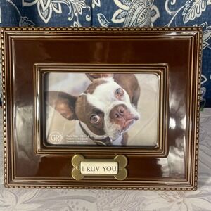 Grasslands Road I Ruv You Ceramic Metal Dog Picture Frame 4x6 Photo Brown Bone
